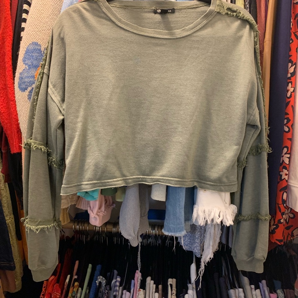 Women's Olive Green Cropped Sweatshirt - Casual Fringe Detail